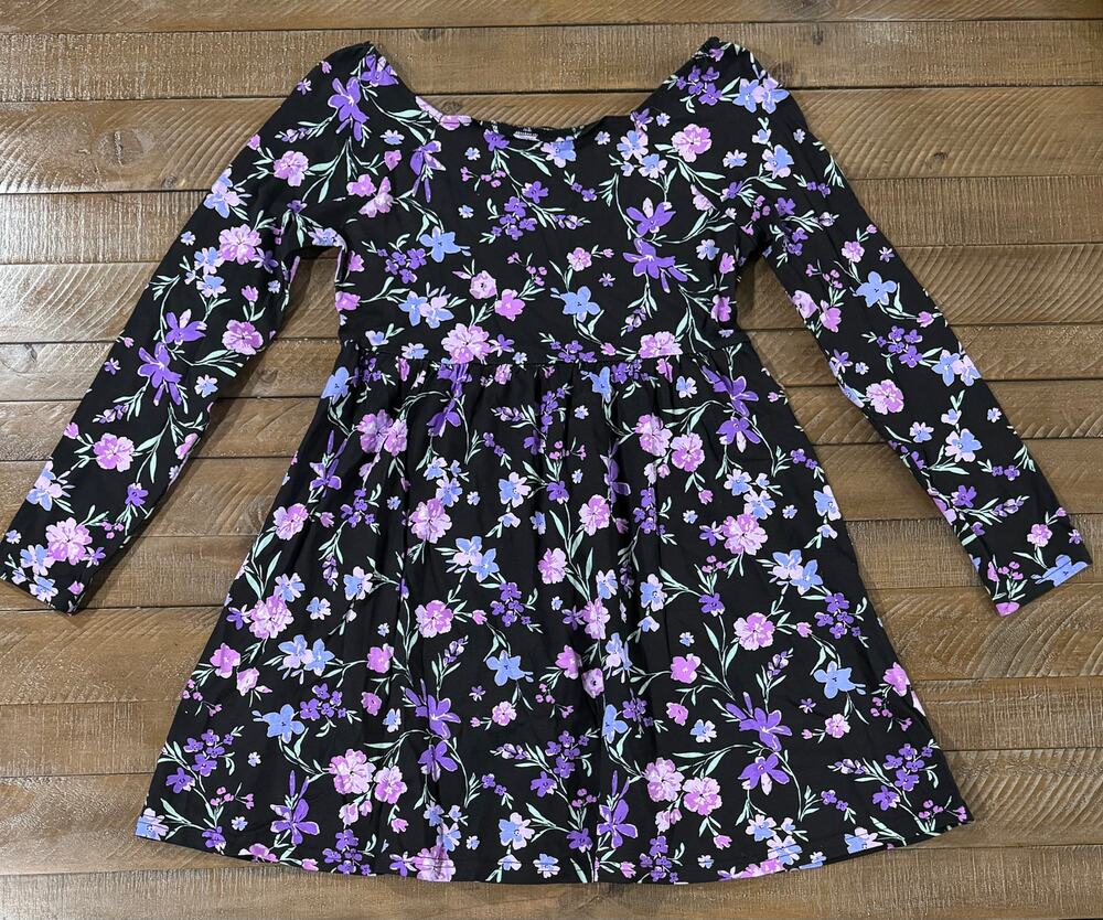 The Children's Place Girls Floral Everyday Dress Black/Purple LARGE (10-12)